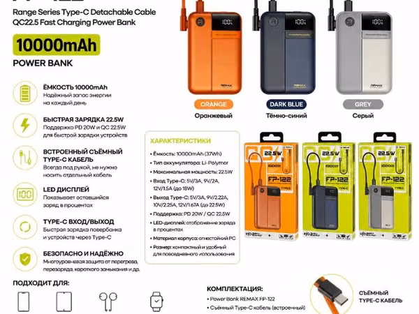Power Bank REMAX FP-122 — 10000mAh Компактный внешний аккумулятор с